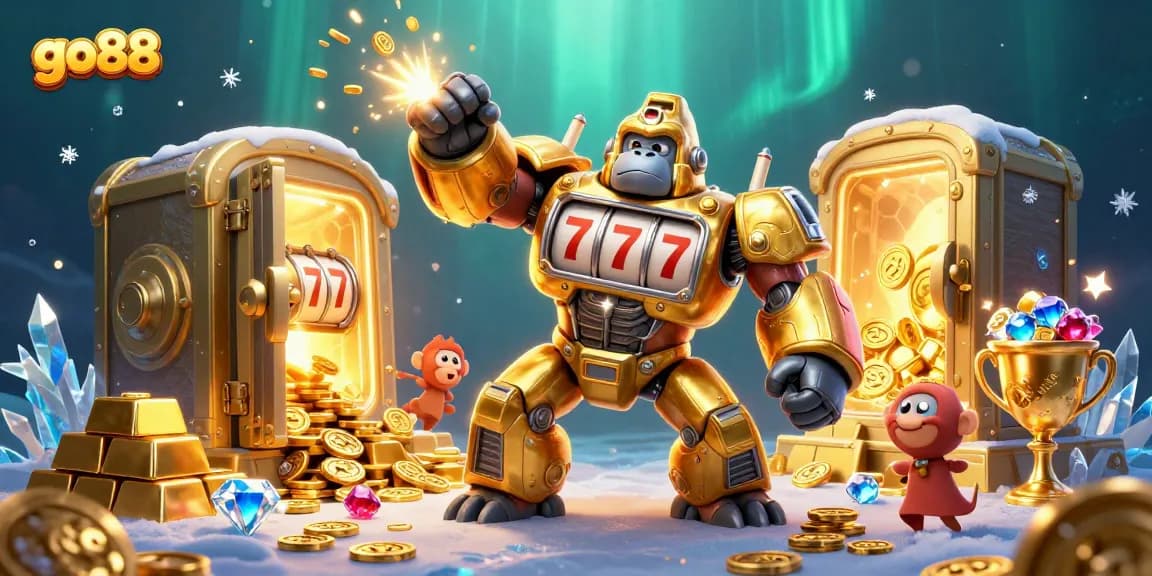Engage with go88's vibrant casino world via an explosive golden gorilla mech illustration.