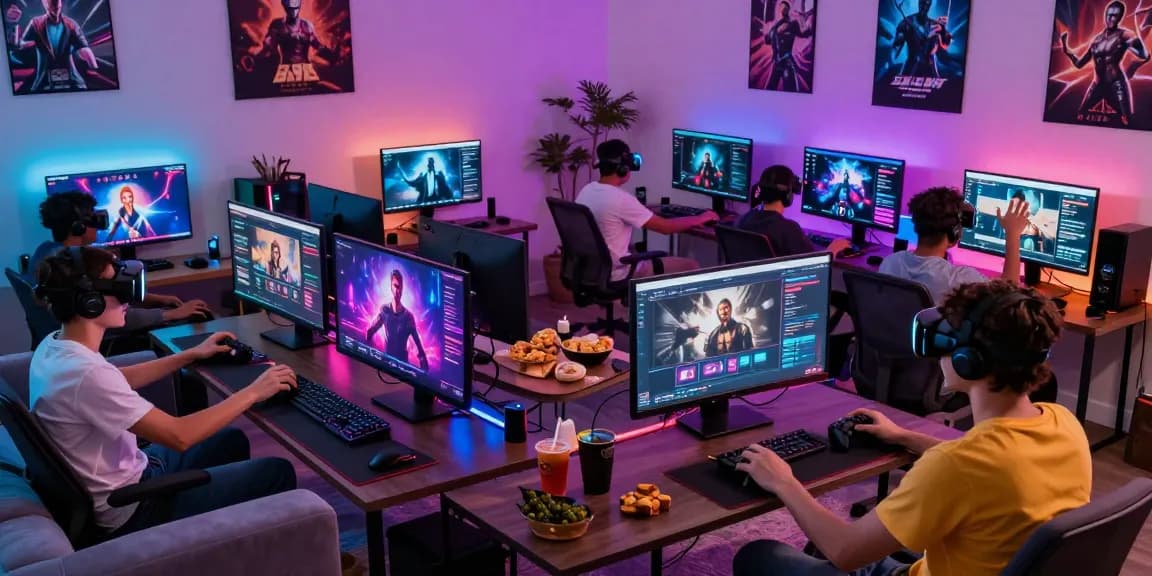 Engaged group playing porn games online in a vibrant gaming setup