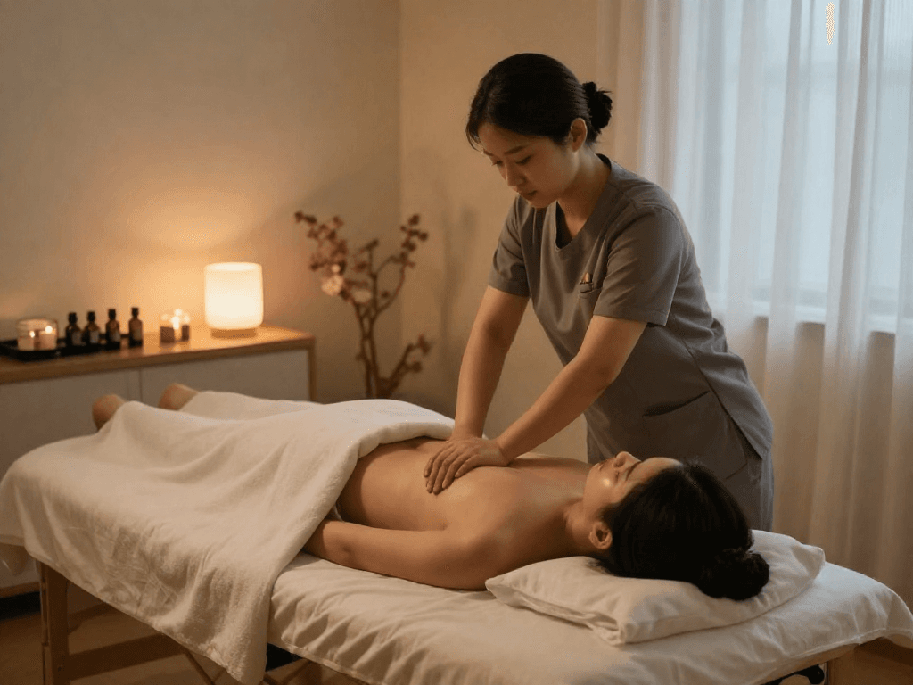 Professional massage therapy session for 하남출장안마 in a calming home environment