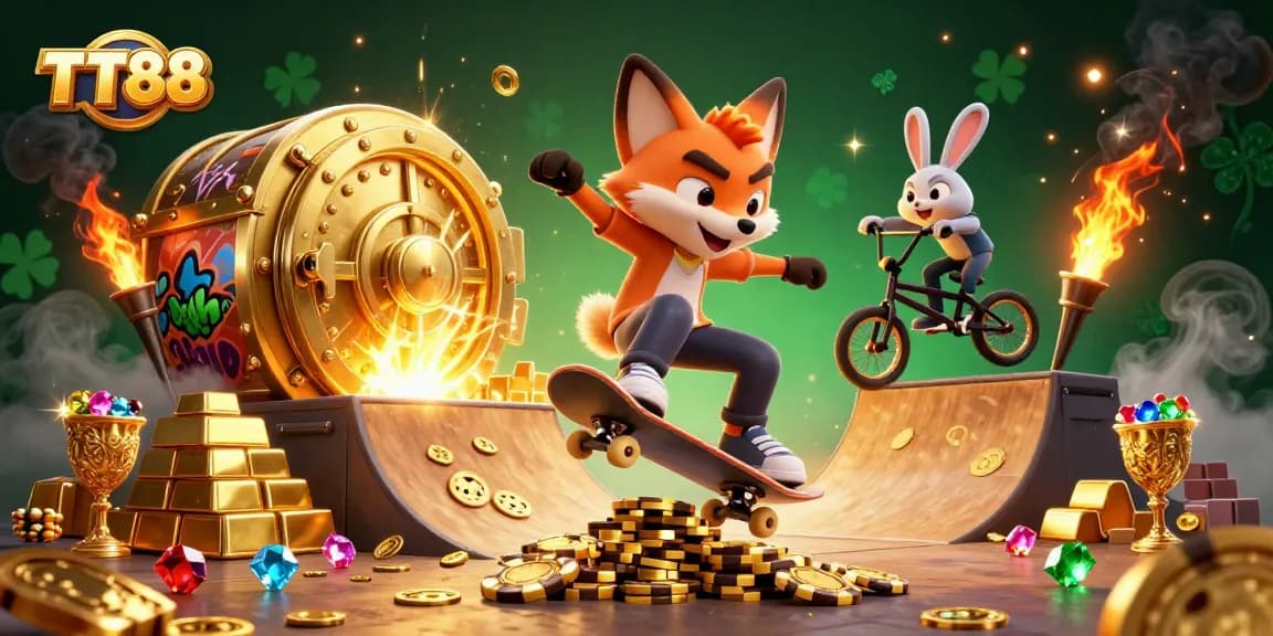 Experience exciting gaming at TT88 with a dynamic scene of playful casino elements and characters.