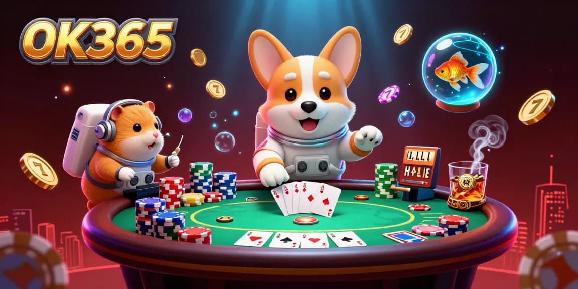 Experience thrilling games at OK365 with floating chips and a casino atmosphere.