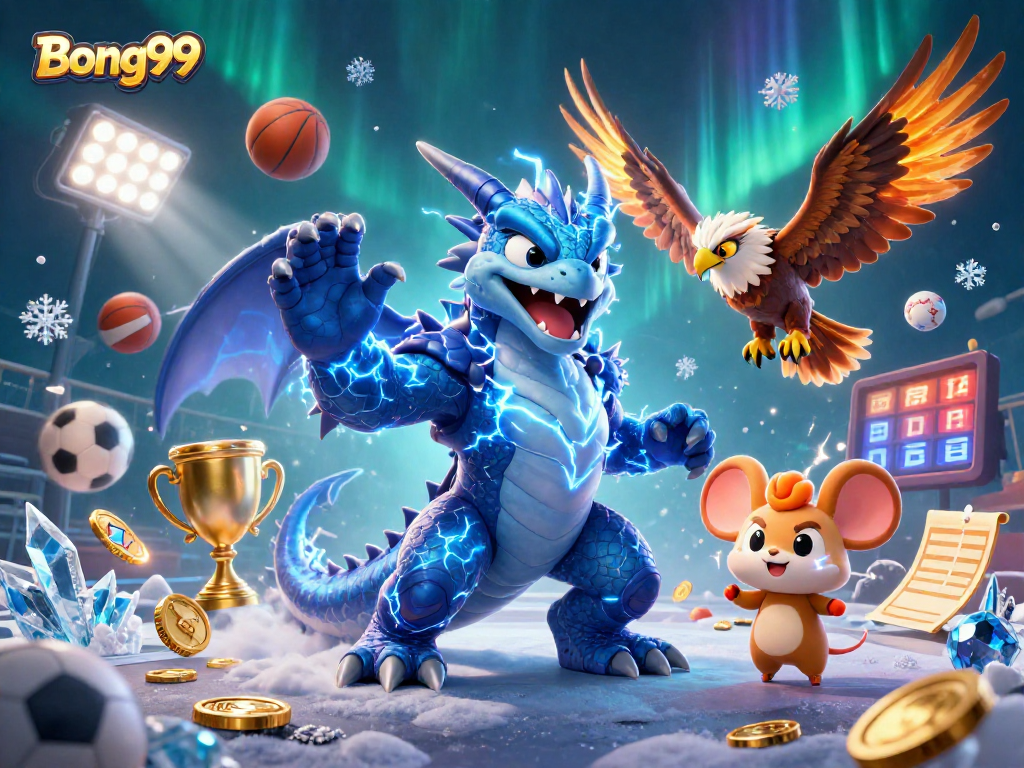 Bong99 showcases a dynamic 3D casino scene filled with vibrant characters and sports elements.