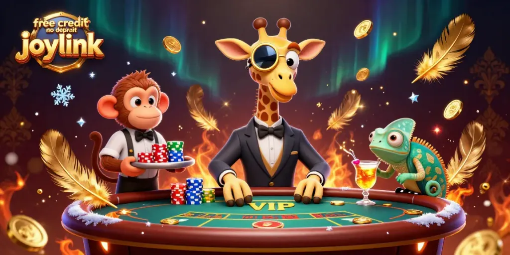 Win big with free credit no deposit joylink in a vibrant casino scene featuring animated characters.