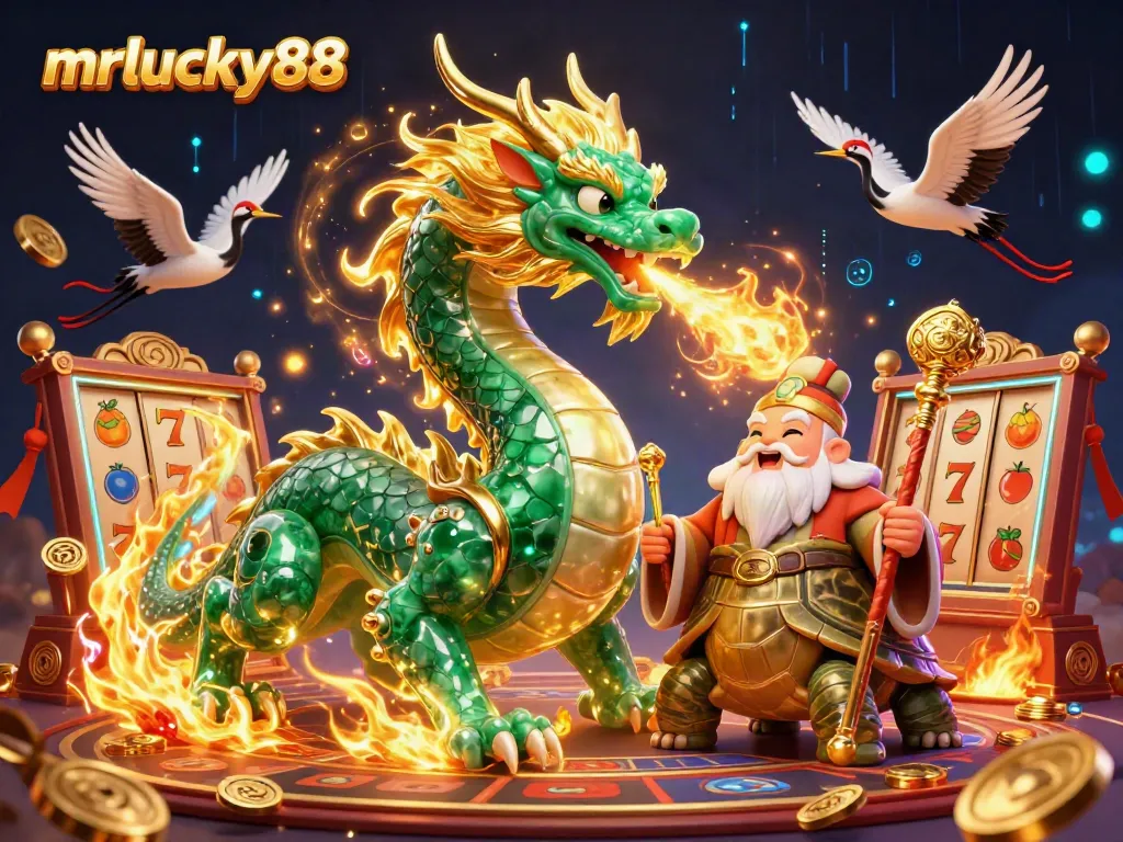 Experience the vibrant mrlucky88 casino scene featuring an emerald dragon and lucky cranes amidst dynamic 3D gaming elements.