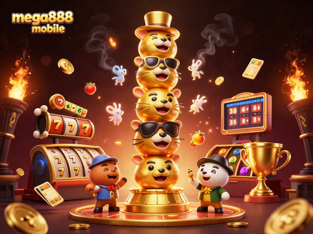Engage in dynamic gaming action with mega888 mobile, featuring vibrant slot reels and golden totem characters.