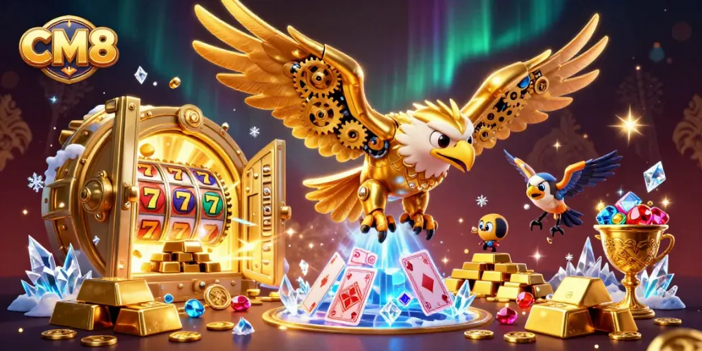 Experience CM8's thrilling online casino with vibrant slot reels and engaging gameplay.
