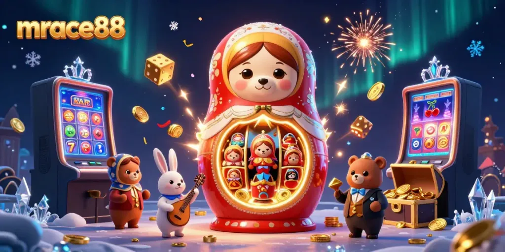 Experience the excitement of mrace88 with a vibrant, engaging casino-themed illustration showcasing various slot and game elements.