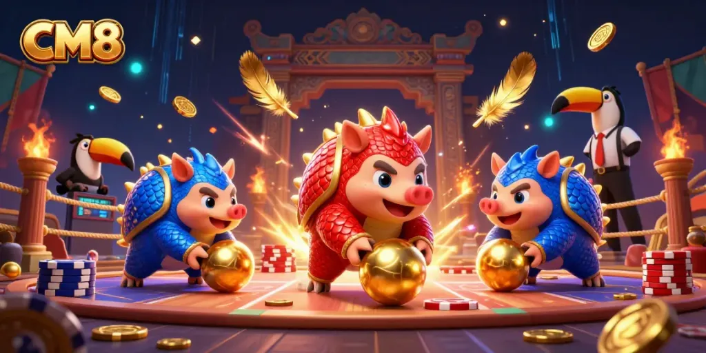 Experience thrilling gameplay as CM8 pangolins battle with poker chips in a vivid casino scene.