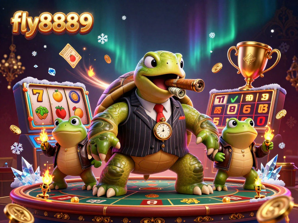 Engage with fly8889's thrilling slot experience featuring a charming turtle in a mobster suit.