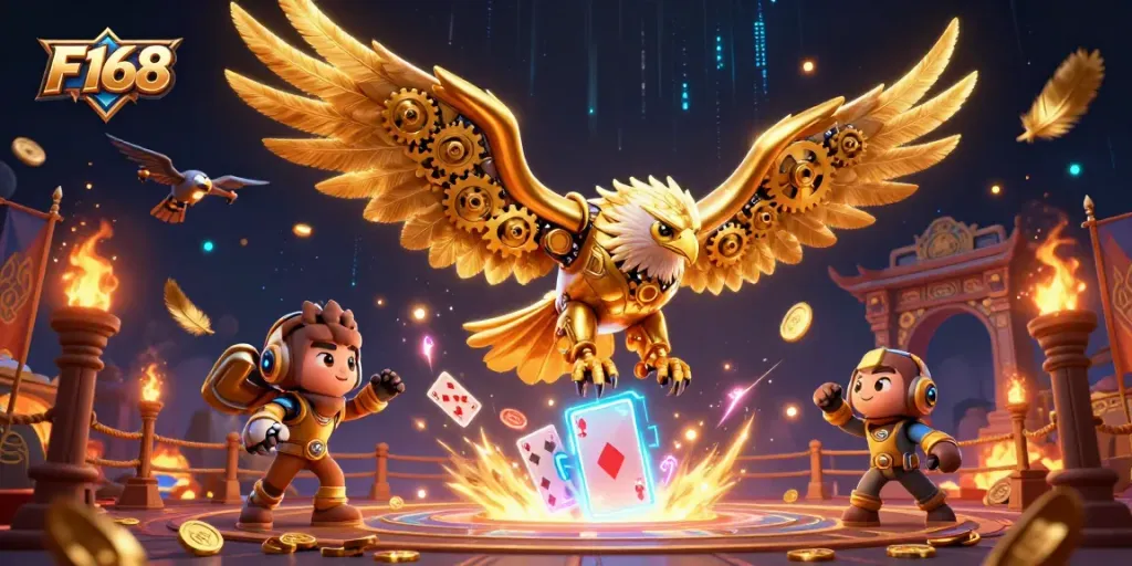 Engage in thrilling action at F168 with vibrant holographic cards and a cybernetic eagle.