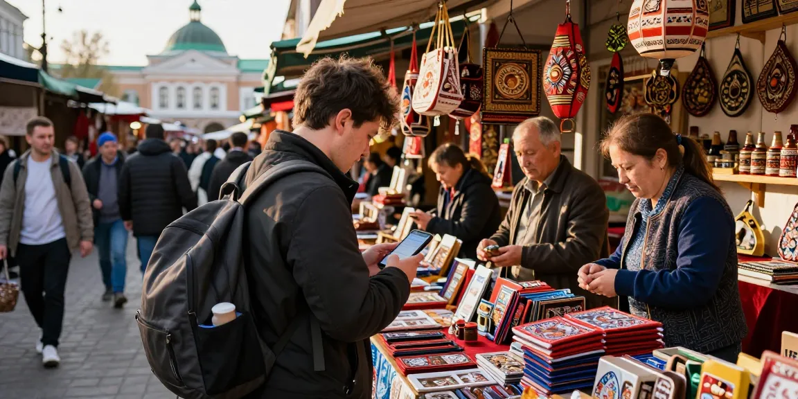 Pengunjung menggunakan https://payinrussia.com/ untuk membeli barang di pasar tempatan di Rusia.