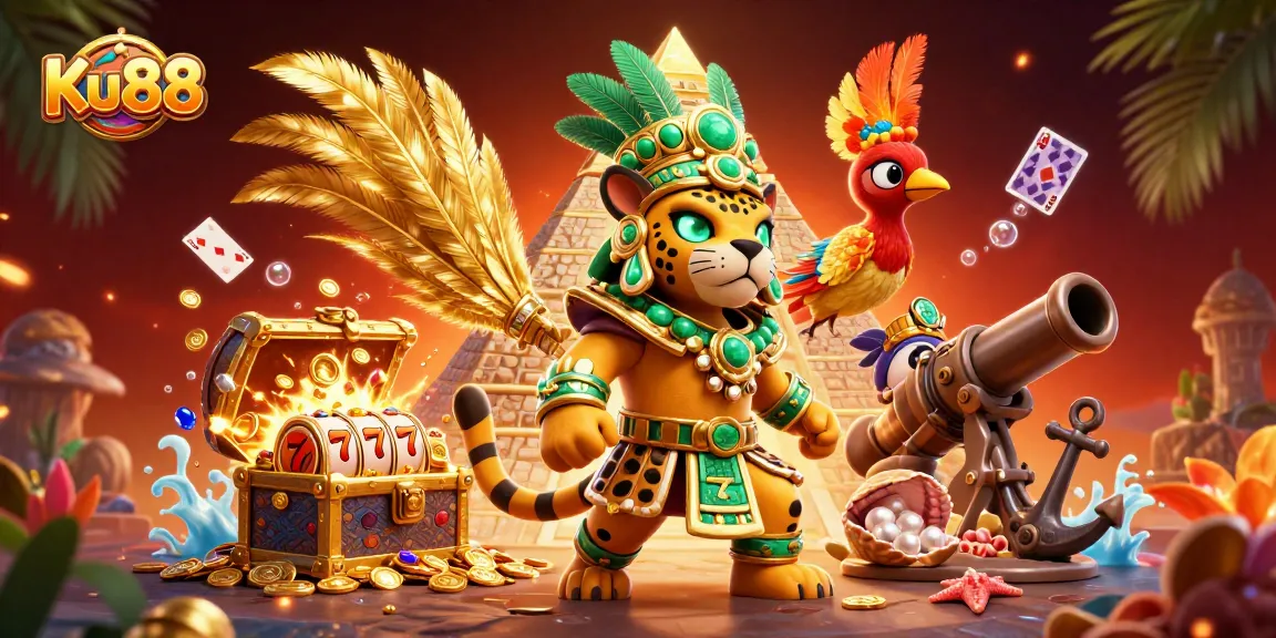 Ku88 players experience thrilling slots with ancient Mayan themed characters in a vibrant 3D world.