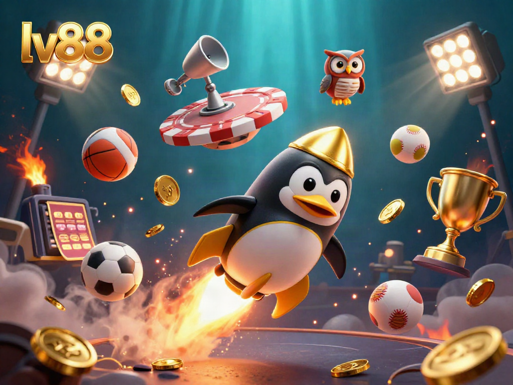 Win big with lv88 in an exciting 3D casino scene featuring a golden penguin and sports elements.