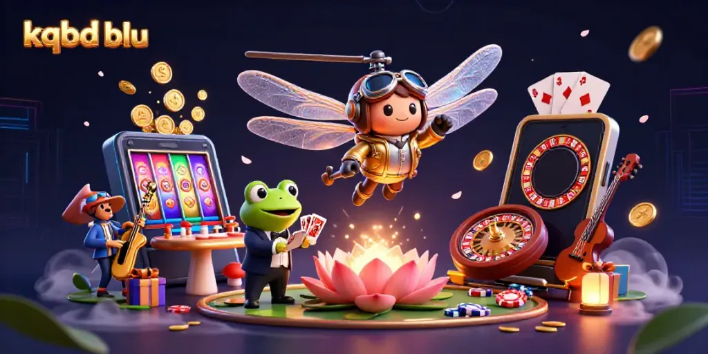 Engage with kqbd blu through this vibrant gaming scene where a frog croupier deals cards amidst lively casino elements.