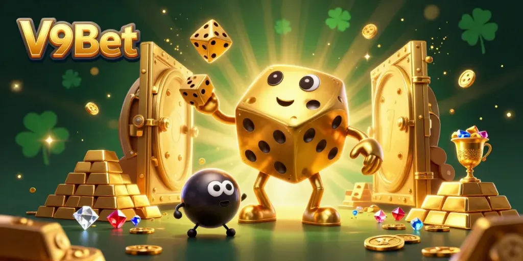Experience the vibrant excitement of V9Bet with a dynamic 3D illustration featuring casino themes, gold, and dice.