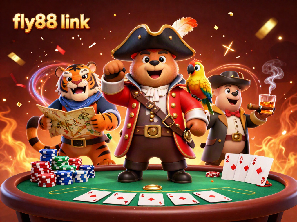 Engage with the fly88 link's exciting poker action in a vibrant casino scene featuring a bear and tiger.