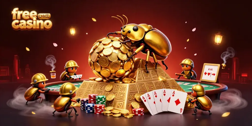 Experience the excitement of a free credit casino with golden beetles and vibrant poker elements.