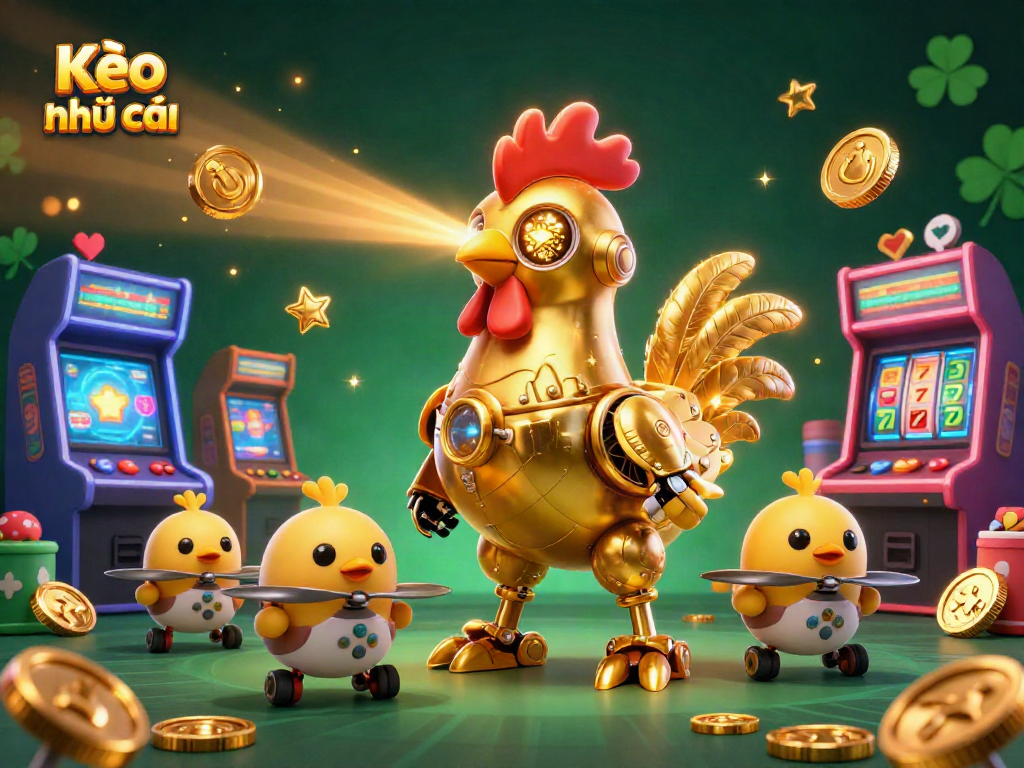 Kèo nhà cái showcases an animated retro-futuristic golden rooster robot battling through vibrant casino arcade games.