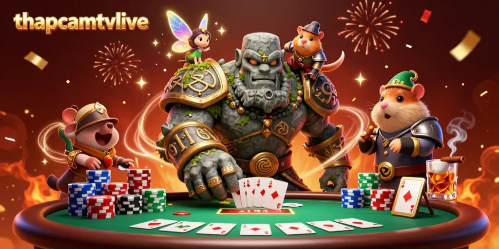 Experience thrilling gameplay with thapcamtvlive, where a stone golem guardian, fairy, and hamster knight gather for poker.