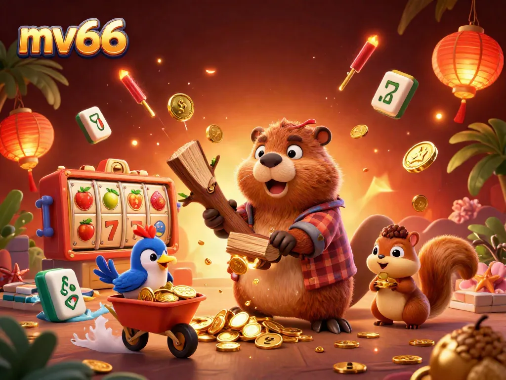 Experience thrilling action at MV66 with a vibrant winning scene of cartoon characters surrounded by slot reels and golden coins.