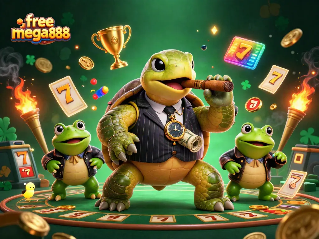 Win big with free mega888, featuring a colorful scene of a cartoon turtle and bullfrog enforcers in a casino setting.