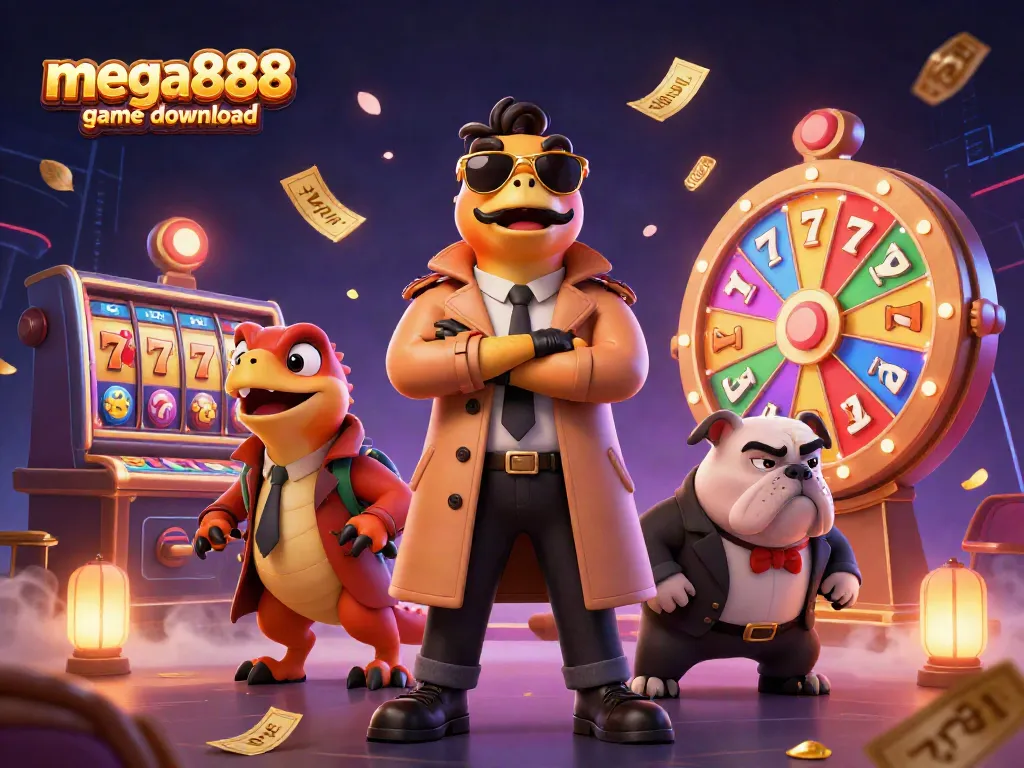 Experience mega888 game download through a humorous 3D raptor illustration at an online casino.
