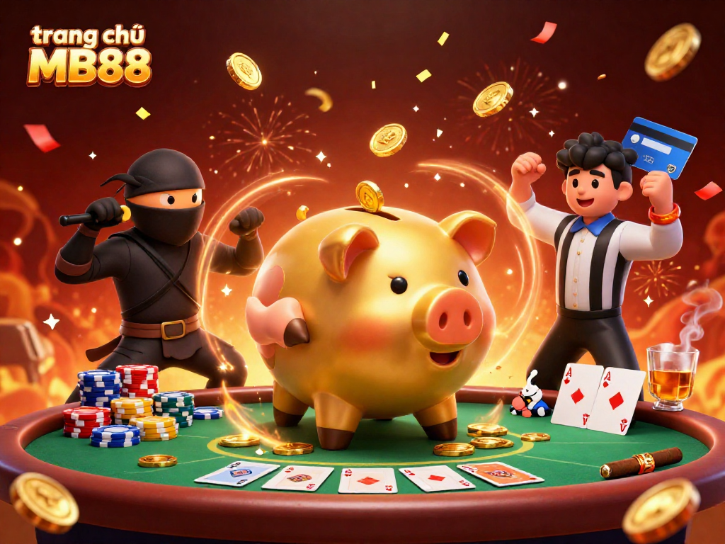 Experience the excitement of trang chủ MB88 with a dynamic illustration featuring a golden piggy bank sumo wrestler amid festive gambling elements.