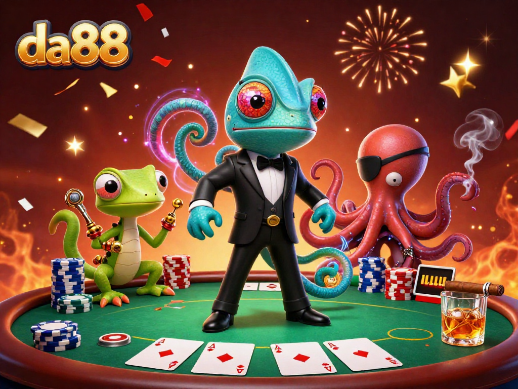 Join the excitement with da88 in this vibrant poker showdown featuring colorful chips and characters.