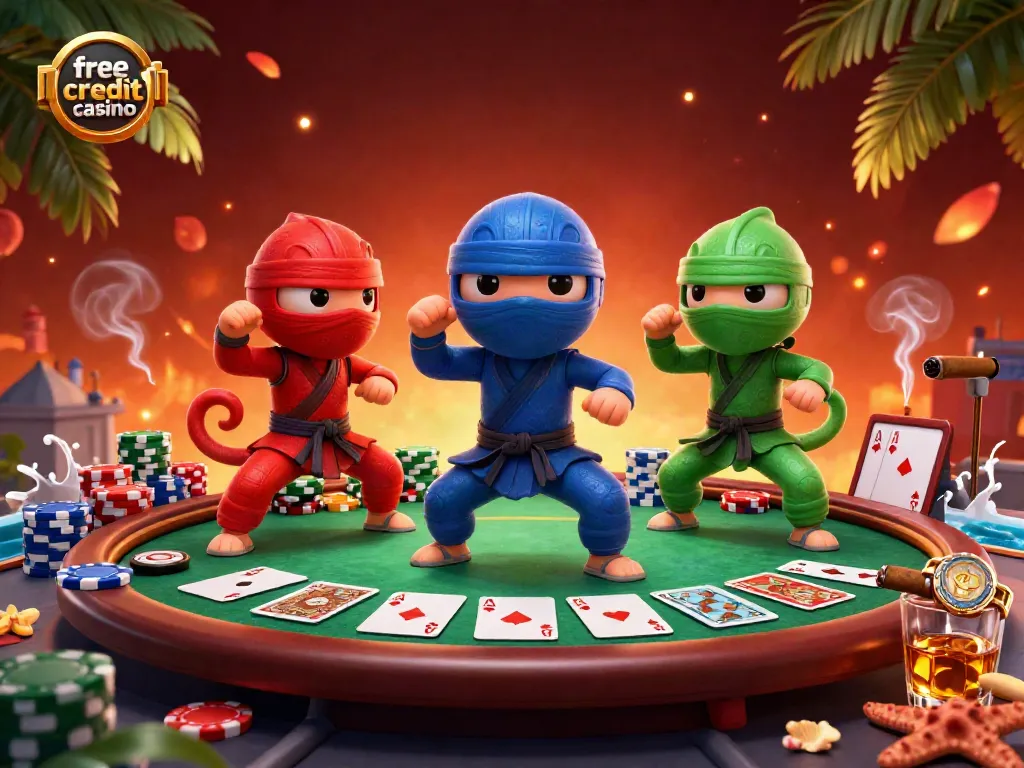 Engaging scene featuring ninja chameleon team highlighting free credit casino themes with poker elements.