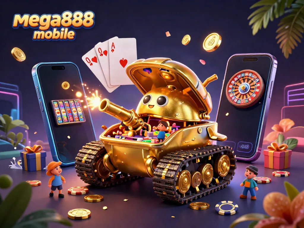 Experience mega888 mobile excitement with a vibrant 3D casino beetle tank and dynamic gaming elements.
