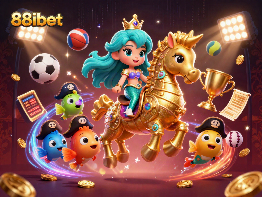 Bet on exciting games with 88ibet, featuring a mermaid and seahorse in a vibrant casino scene.