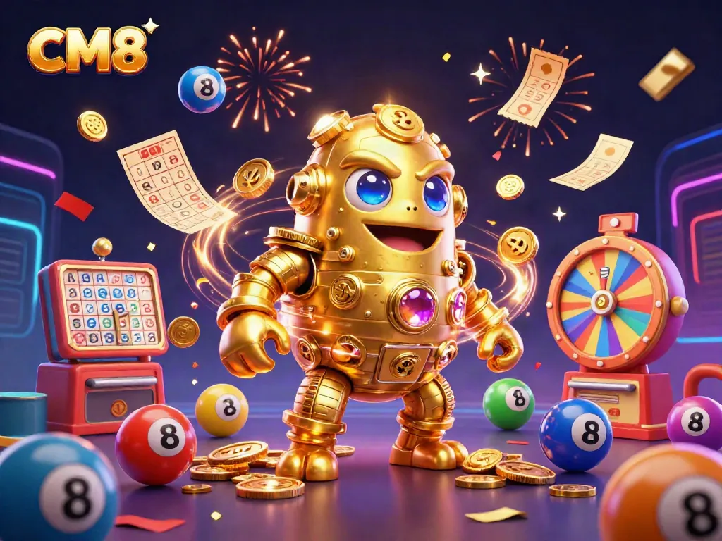 Engage with CM8's vibrant casino scene featuring a golden golem, colorful lottery elements, and dynamic celebrations.