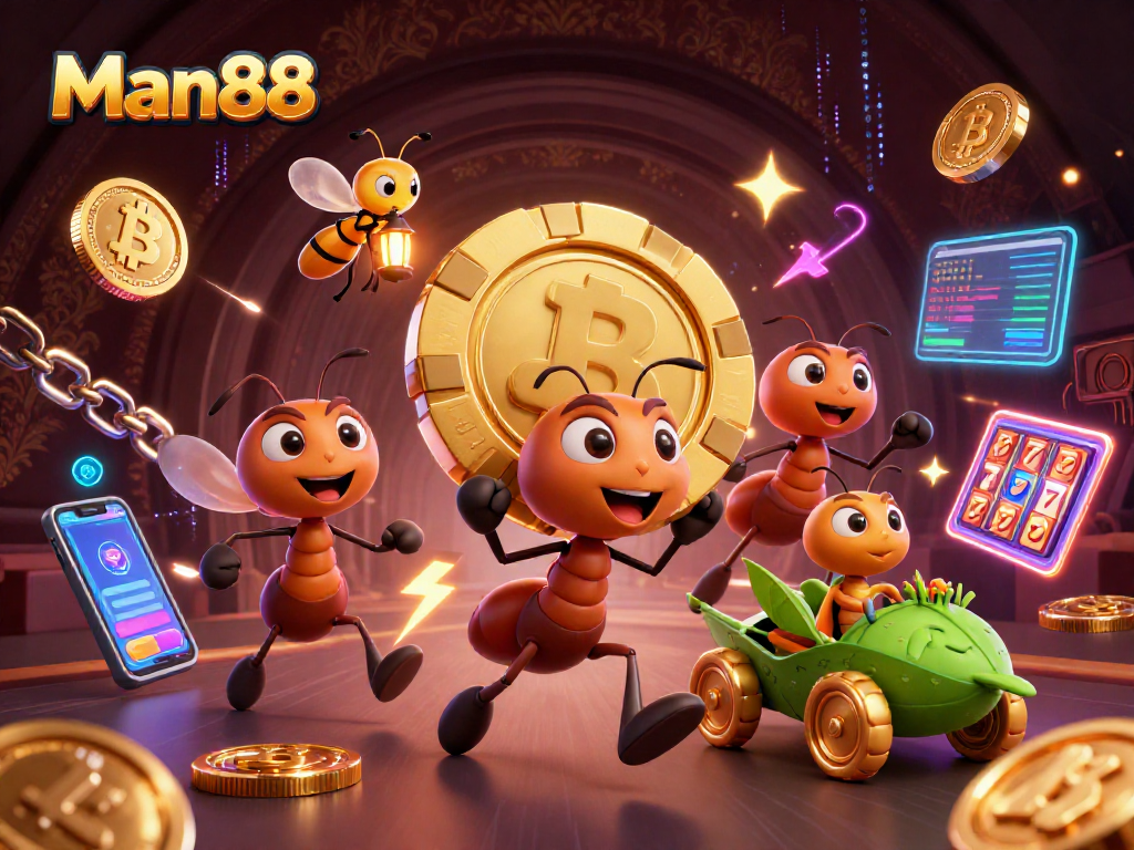 Experience the excitement of Man88 with the ant team heisting a giant poker chip amidst vibrant neon casino elements.