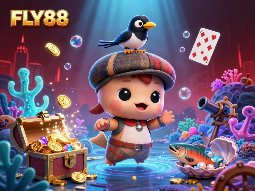 Engage with exhilarating entertainment at FLY88, where a playful Loch Ness monster meets underwater treasures in a vibrant casino scene.