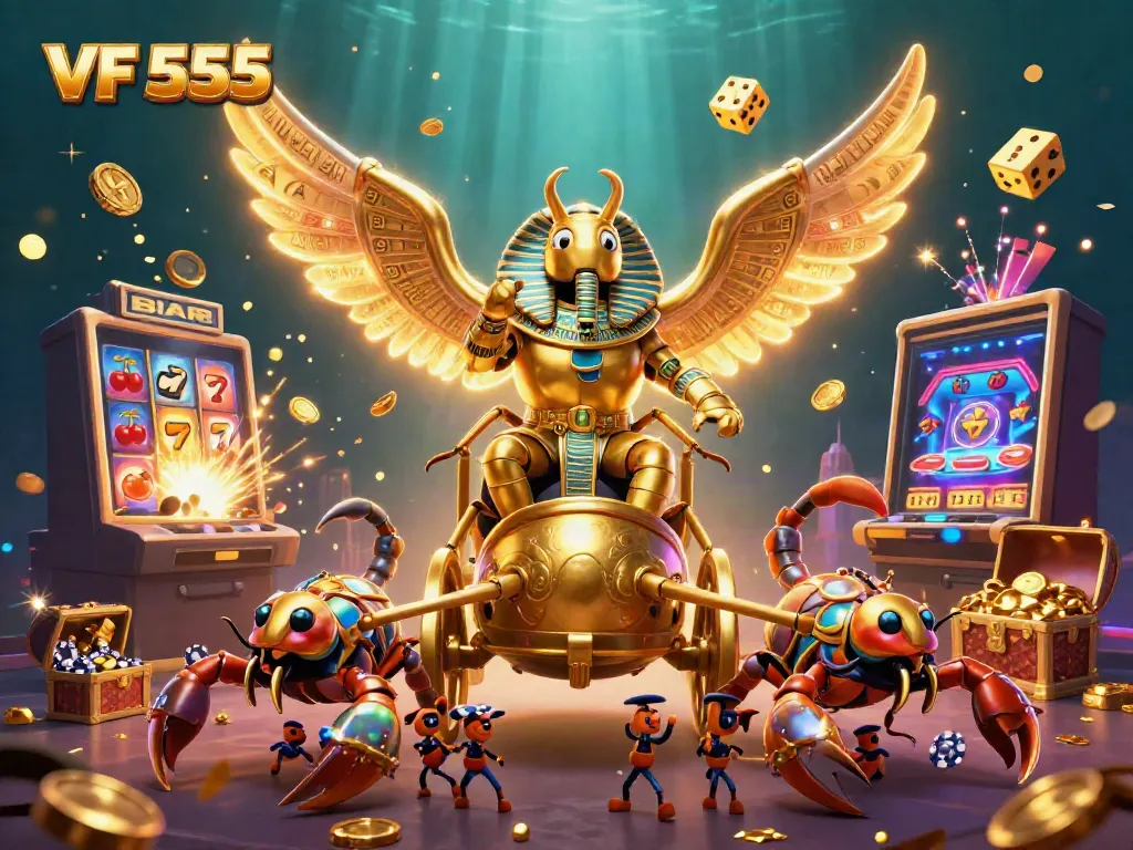 Experience thrilling wins with VF 555, featuring engaging casino games and dynamic jackpots in a vibrant 3D illustration.