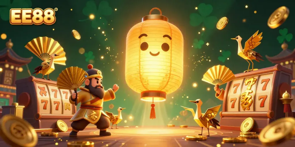 Experience the excitement of EE88 with a vibrant 3D illustration showcasing a golden lantern spirit and slot game elements.