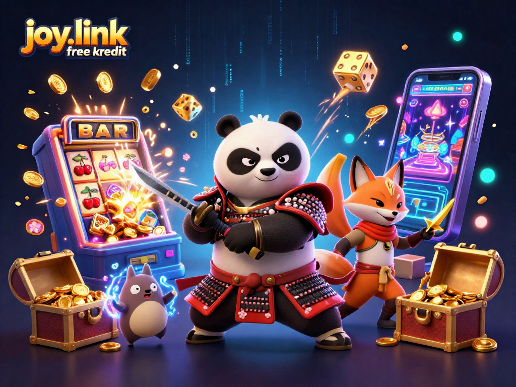 Experience the excitement at joy.link free kredit with a dynamic casino scene featuring a panda samurai and fox ninja.
