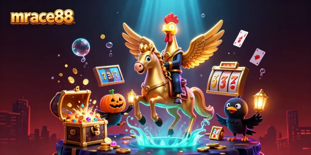Join the fun at mrace88 with a golden rooster riding a spectral horse in a vibrant casino scene.