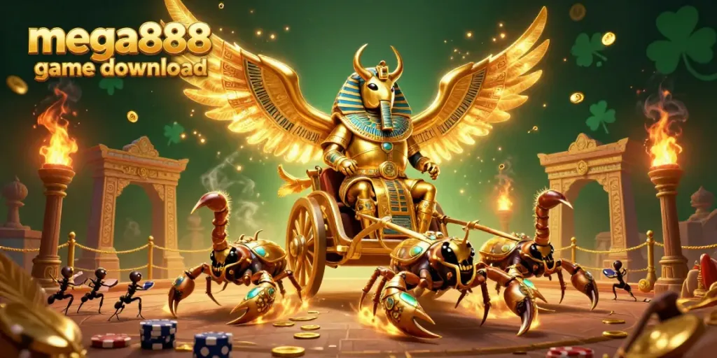 Mega888 game download illustration featuring dazzling casino elements and a dynamic golden scarab beetle.
