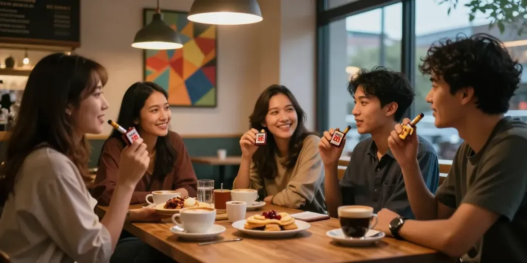 Teman-teman menikmati malam di kafe sambil merokok rokok 88 dan berbincang hangat.
