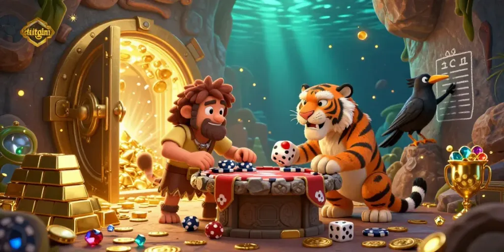 Duitgini showcases a lively prehistoric casino with vibrant golden treasures and engaging characters like a caveman and sabertooth tiger.