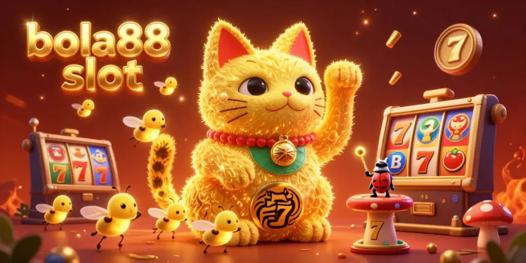 Experience the excitement of bola88 slot with a vibrant illustration of a lucky cat and dynamic casino symbols.