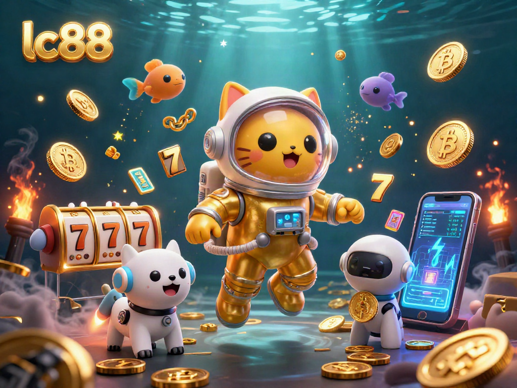 Experience exciting gaming adventures with lc88 in a vibrant 3D cosmic casino scene filled with slot reels and cryptocurrency.
