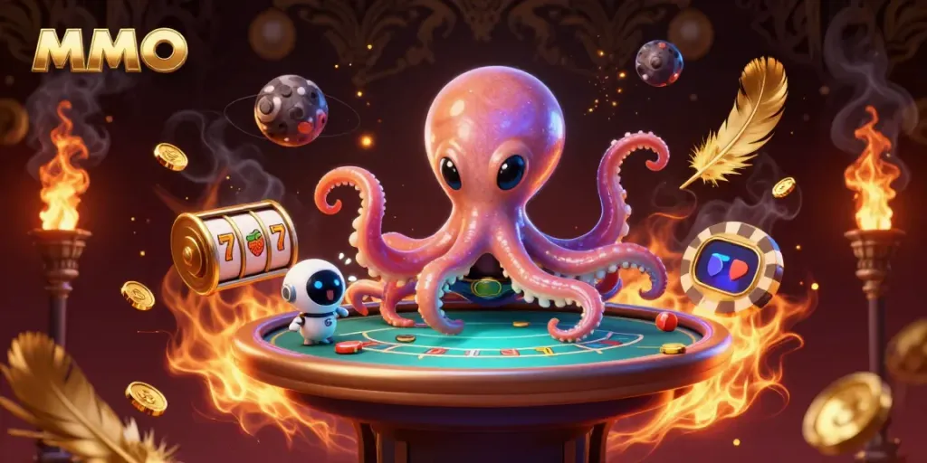 Experience thrilling gameplay with MMOO's alien octopus dealer at a floating poker table