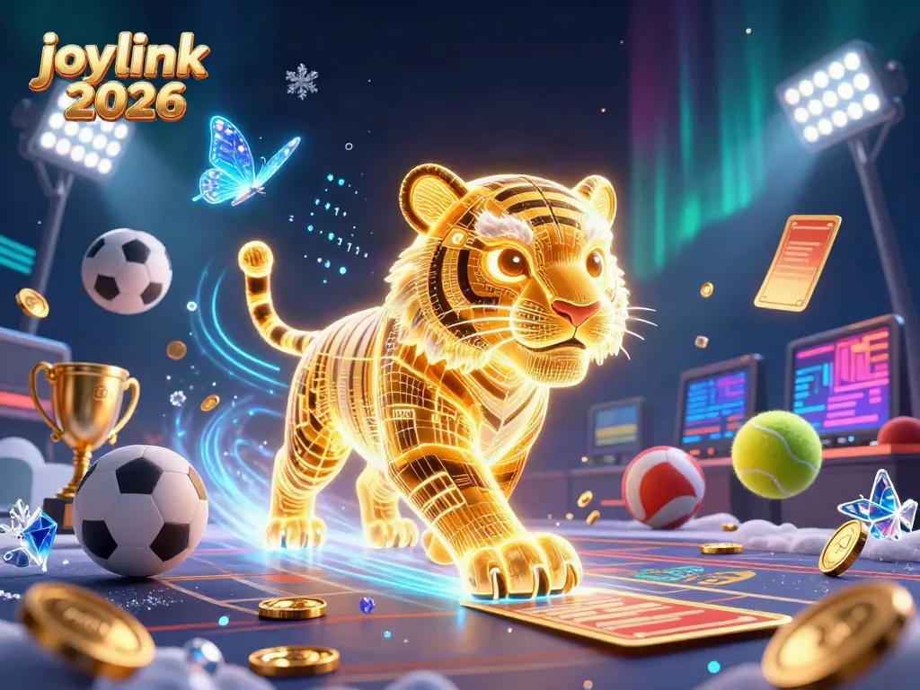 Engage with joylink 2026 in a vibrant, dynamic casino scene featuring a golden tiger and sports elements.