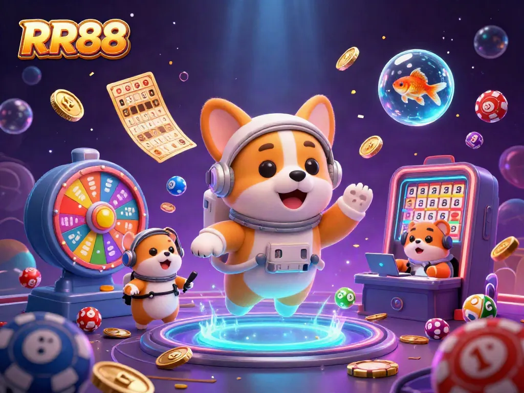 Experience the excitement of RR88 with a playful scene featuring a cartoon astronaut corgi and vibrant casino elements.