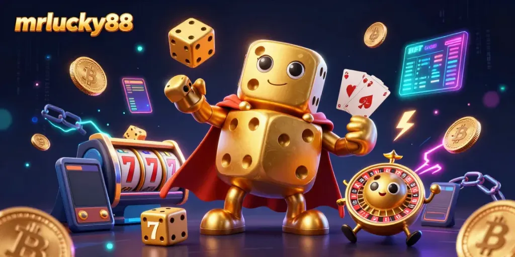 Experience thrilling gameplay with mrlucky88’s golden dice golem and vibrant casino elements.