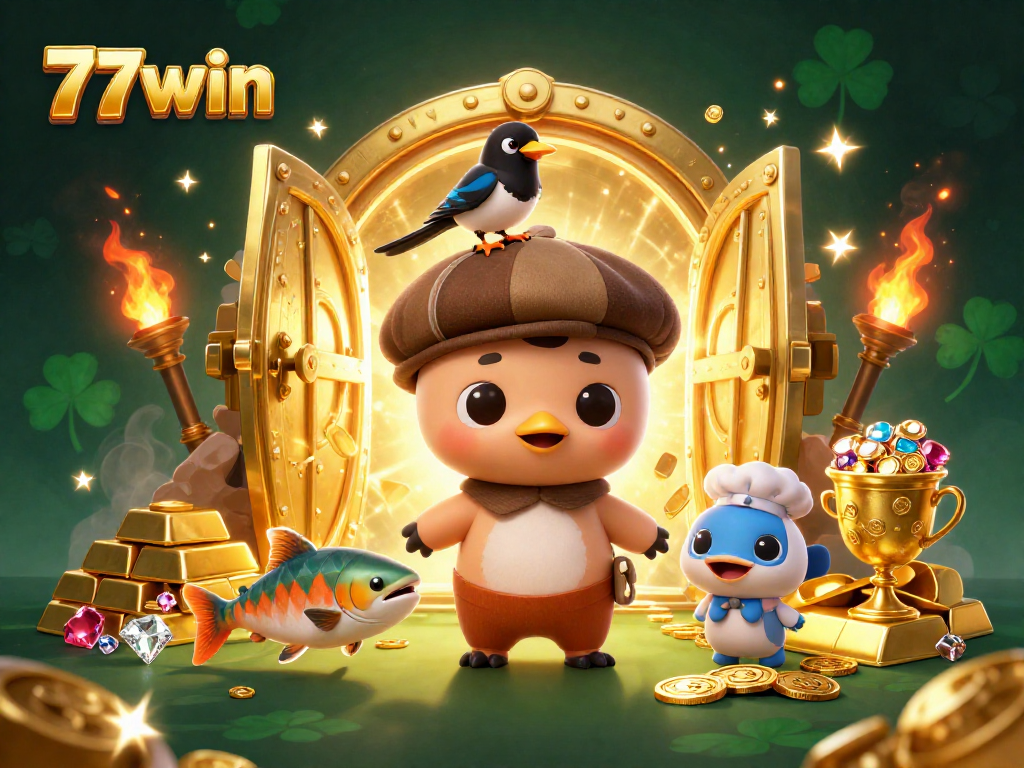 Experience the thrill of winning with 77win's exciting games and treasures in this vibrant 3D illustration.