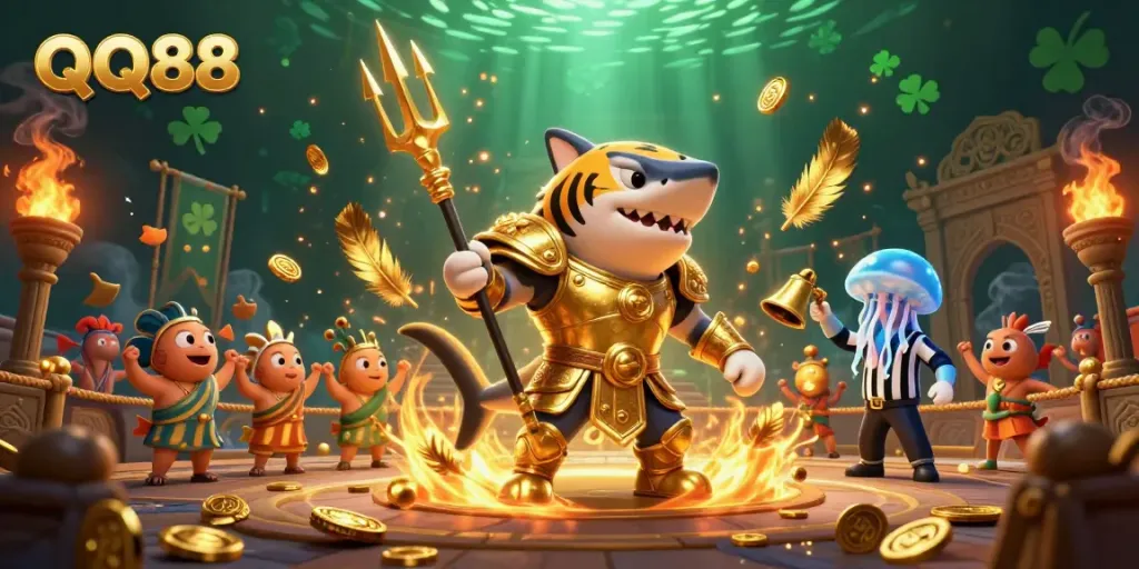 Experience thrilling gameplay at QQ88 with a dynamic underwater scene featuring a golden gladiator tiger shark and cheering fish.