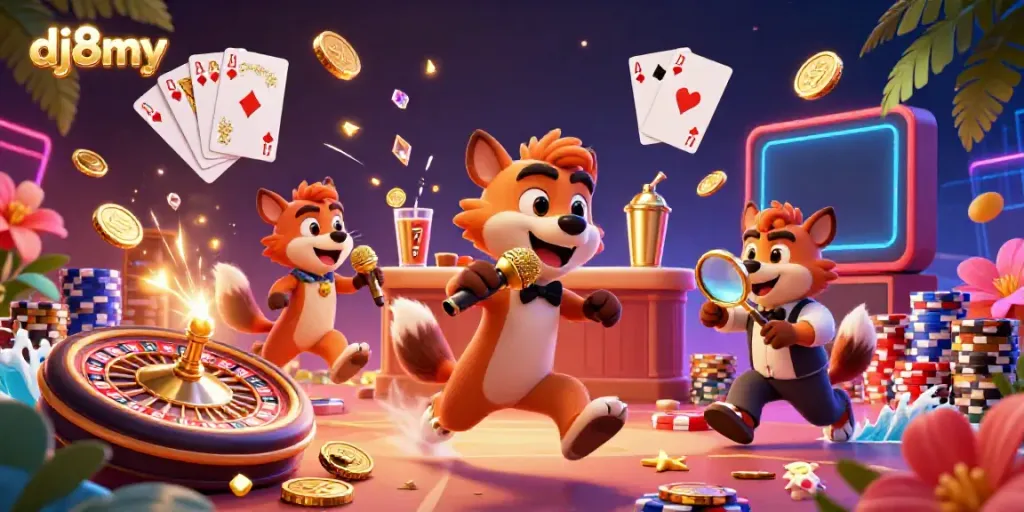 Experience the vibrant action at dj8my casino with hyenas entertaining guests, a bouncer checking IDs, and drinks flowing.